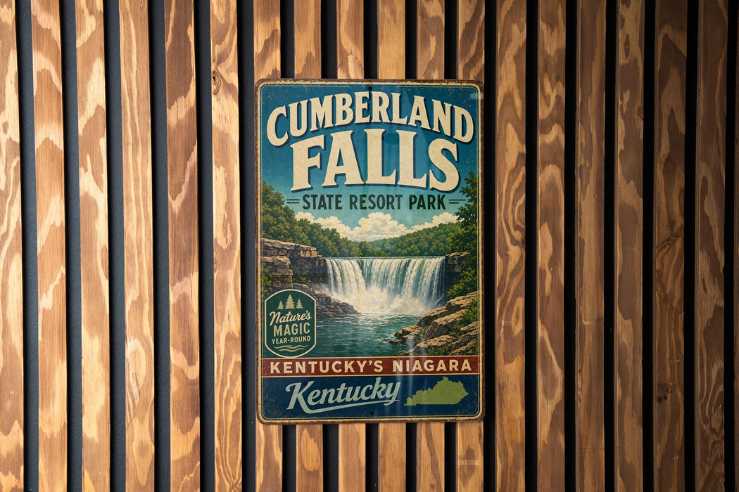 A vintage metal sign for Cumberland Falls State Resort Park in Kentucky, featuring a waterfall and lush greenery.