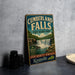 A vintage-style sign for Cumberland Falls State Resort Park in Kentucky, featuring a waterfall and lush greenery.