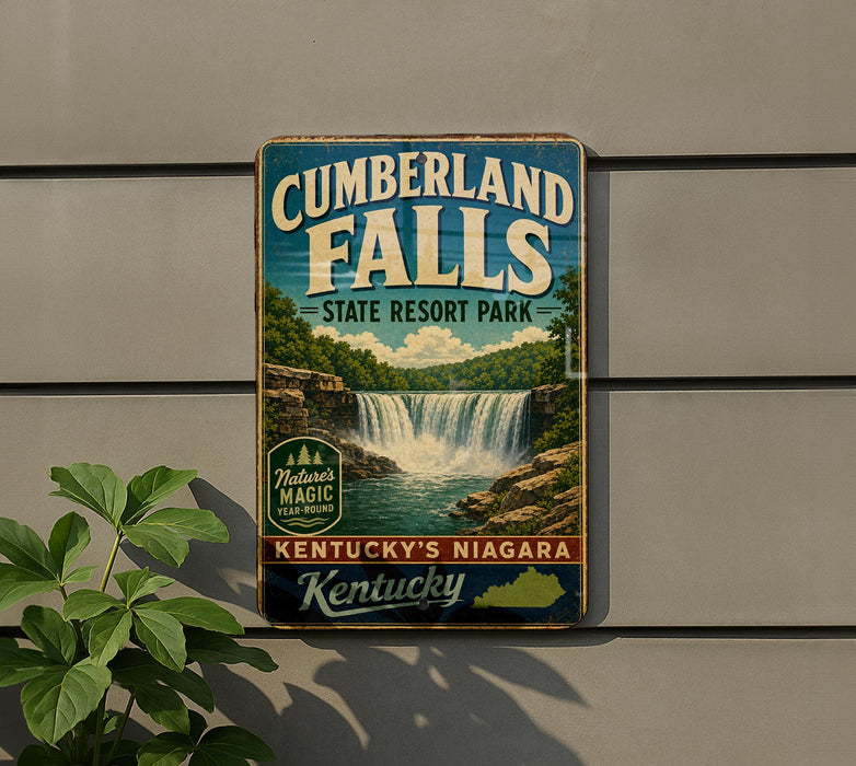 A vintage-style sign for Cumberland Falls State Resort Park in Kentucky, featuring a waterfall and lush greenery.