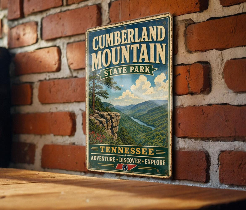 A vintage metal sign for Cumberland Mountain State Park, featuring a scenic mountain landscape with a river and a cliff.
