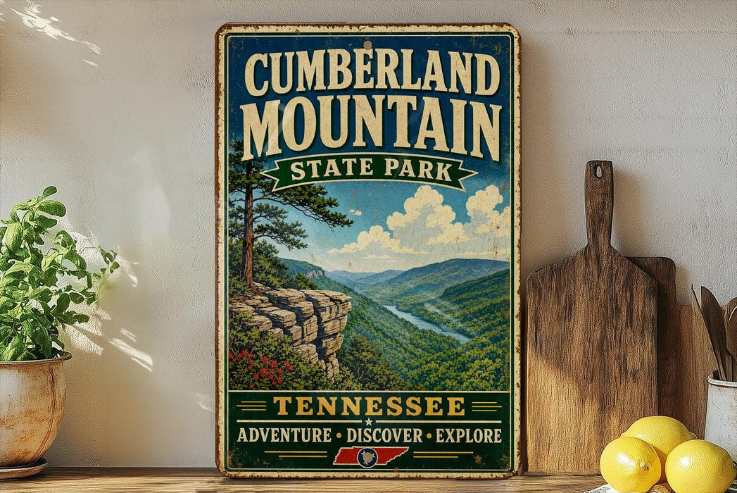 A vintage-style metal sign for Cumberland Mountain State Park, featuring a scenic mountain landscape with a river and pine trees.