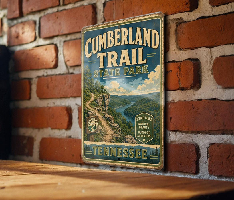 A vintage-style metal sign for the Cumberland Trail in Tennessee, featuring a scenic mountain landscape and trail map.
