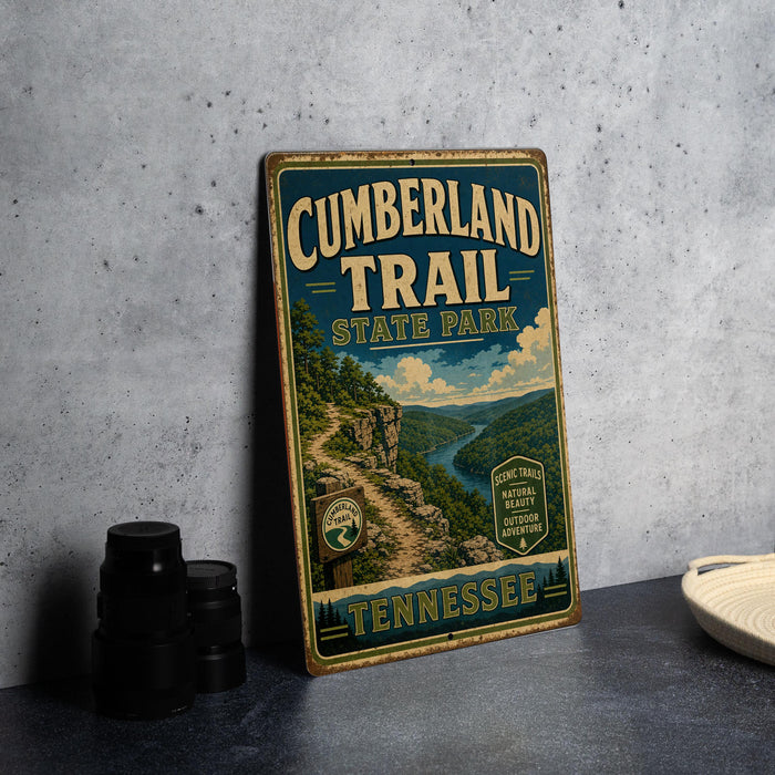 A vintage-style metal sign for the Cumberland Trail in Tennessee, featuring a scenic mountain landscape and trail map.