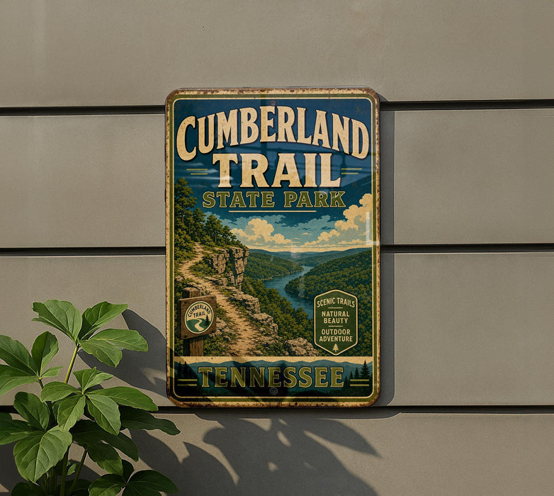 A vintage metal sign for the Cumberland Trail State Park in Tennessee, featuring a scenic mountain landscape with a winding trail.