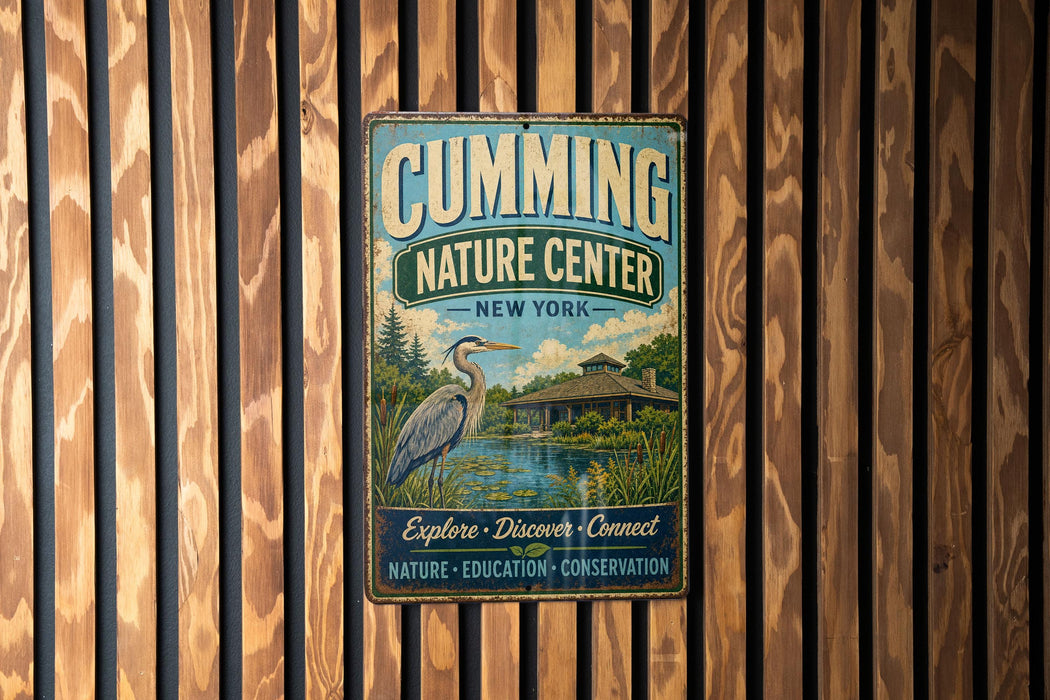 a vintage metal sign for the Cumming Nature Center in New York, with a bird illustration and text promoting exploration, discovery, and connection to nature.