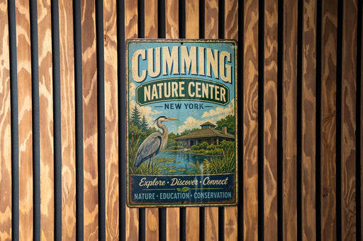 a vintage metal sign for the Cumming Nature Center in New York, with a bird illustration and text promoting exploration, discovery, and connection to nature.