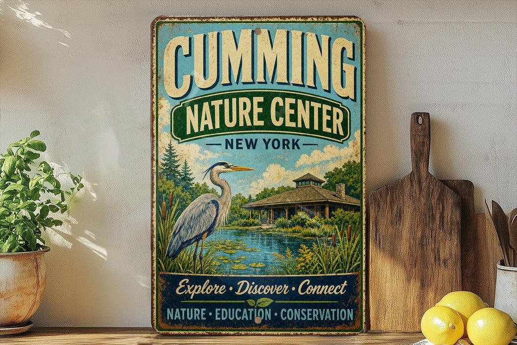 a vintage-style metal sign for the Cumming Nature Center in New York, with a large bird illustration and text promoting nature, education, and conservation.