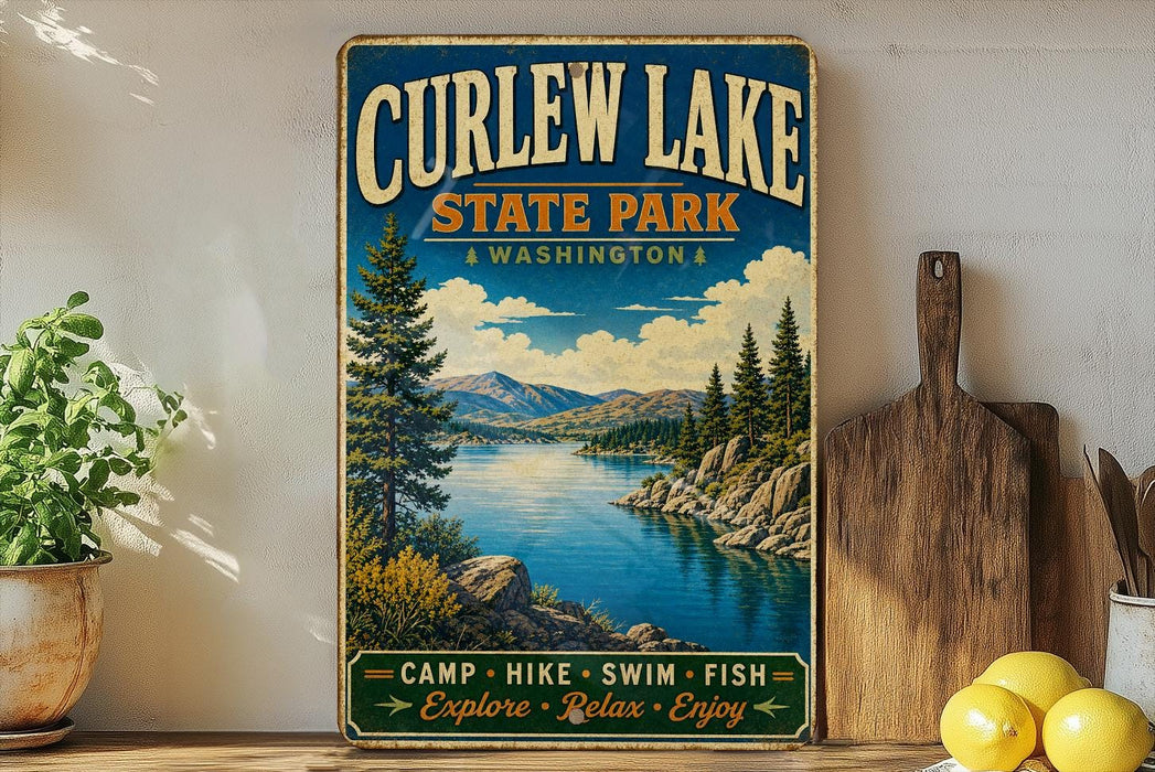 a vintage-style sign for Curlew Lake State Park in Washington, with a scenic landscape of mountains, trees, and a lake.