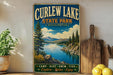 a vintage-style sign for Curlew Lake State Park in Washington, with a scenic landscape of mountains, trees, and a lake.