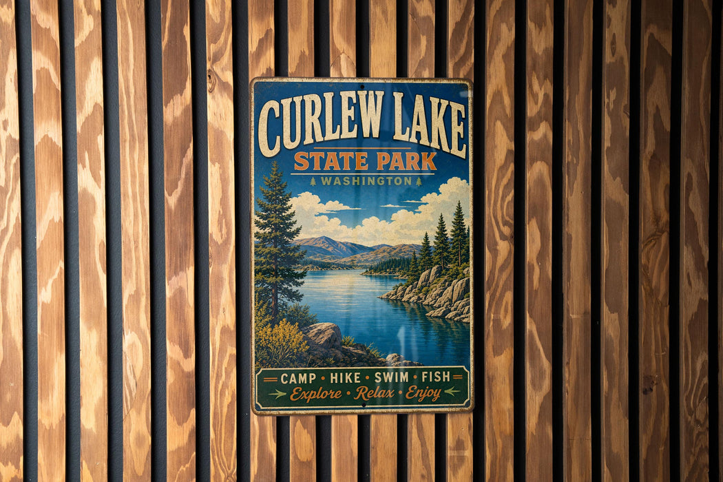 A vintage metal sign for Curlew Lake State Park in Washington, featuring a scenic landscape with a lake, mountains, and pine trees.