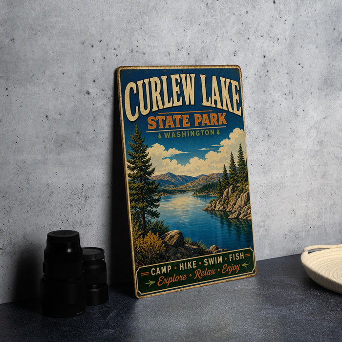A vintage-style metal sign for Curlew Lake State Park in Washington, featuring a scenic landscape with a lake, mountains, and pine trees.