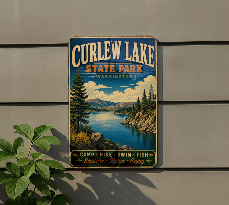 A vintage metal sign for Curlew Lake State Park in Washington, featuring a scenic landscape with a lake, mountains, and pine trees.