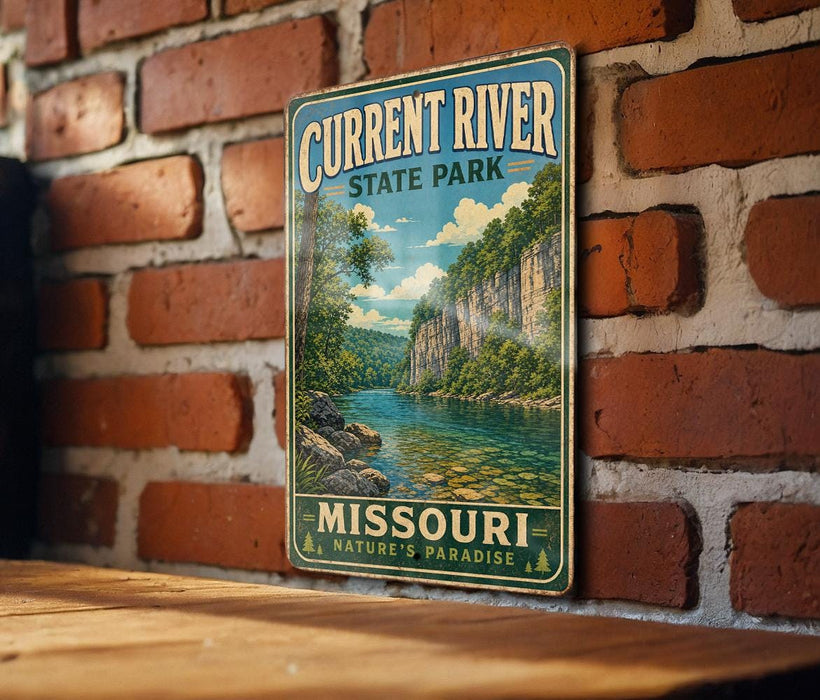 A vintage metal sign for Current River State Park in Missouri, featuring a scenic illustration of a river surrounded by lush greenery and rocky cliffs.