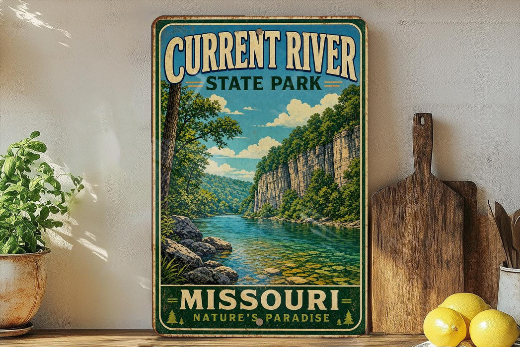 A vintage-style sign for Current River State Park in Missouri, featuring a scenic landscape with a river, cliffs, and trees.