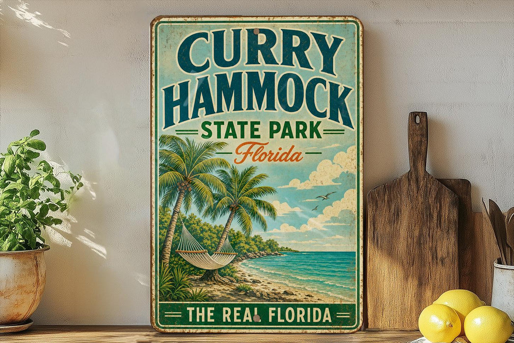 A vintage-style sign for "Curry Hammock State Park, Florida" featuring a beach scene with palm trees and a hammock.