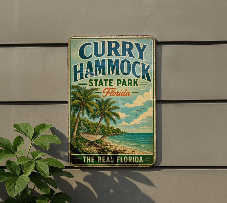 A vintage metal sign for Curry Hammock State Park in Florida, featuring a palm tree and beach scene.