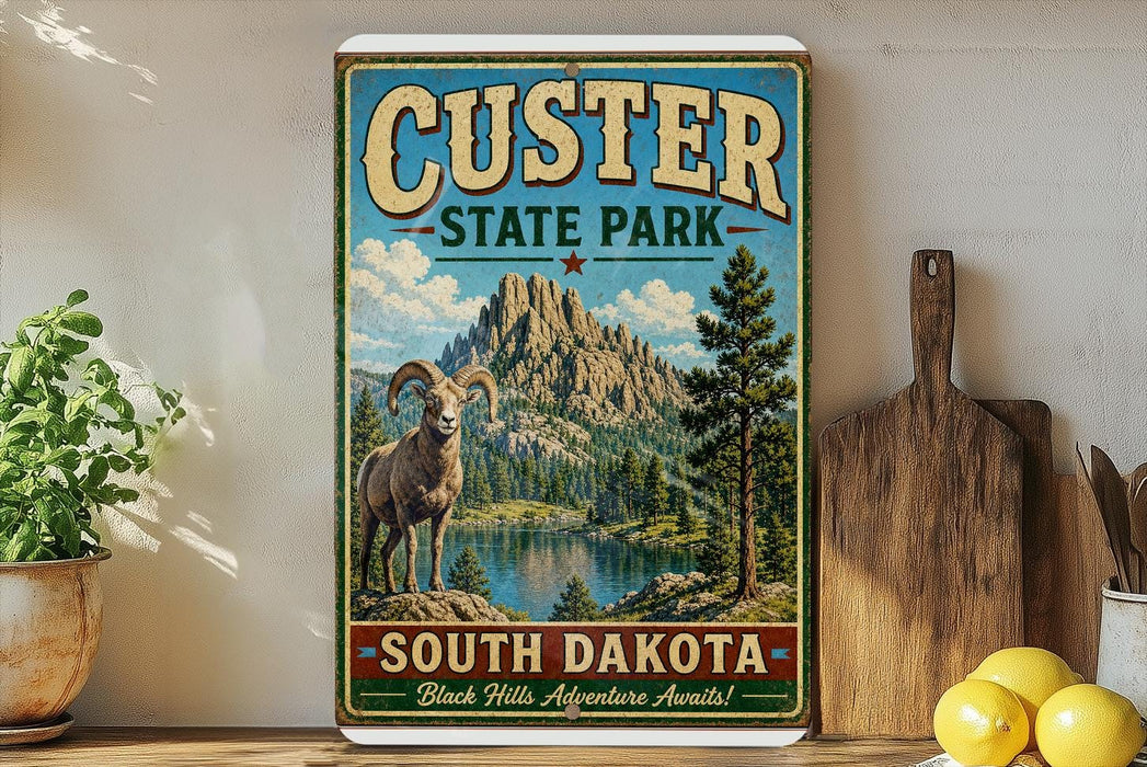A vintage-style sign for Custer State Park in South Dakota, featuring a mountain landscape with a bighorn sheep in the foreground.