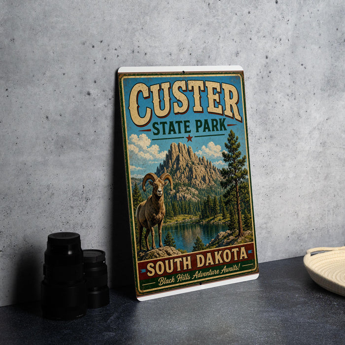A vintage-style sign for Custer State Park in South Dakota, featuring a mountain landscape and a ram.