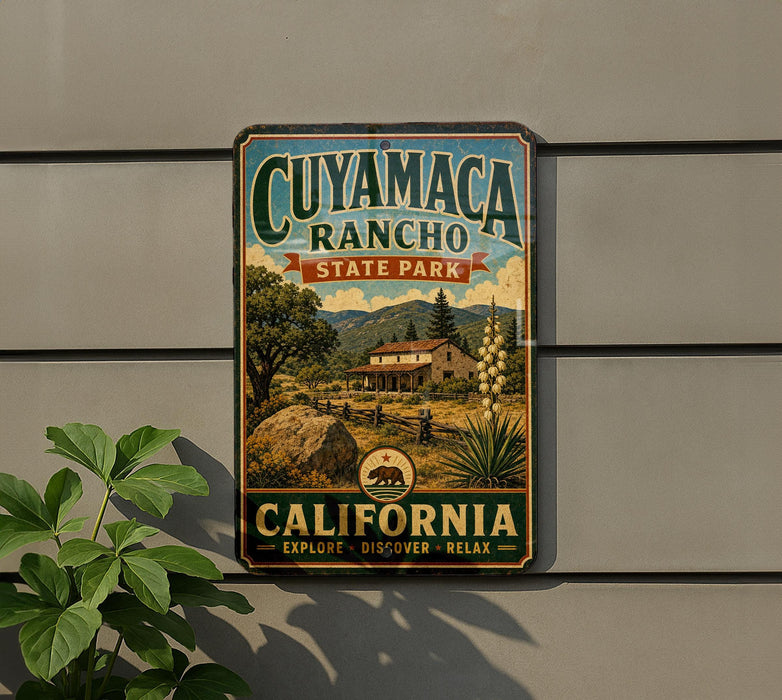 A vintage-style metal sign for Cuiyama Ranch State Park in California, featuring a scenic illustration of the park and its surroundings.