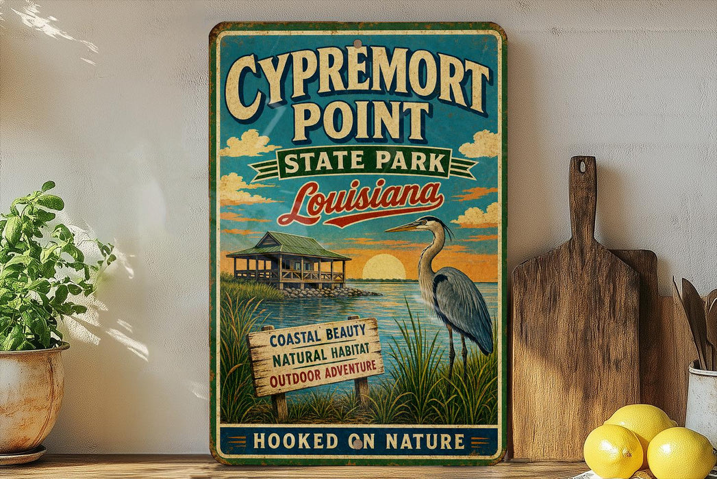 A vintage-style sign for Cypremont Point State Park in Louisiana, featuring a blue heron and a wooden sign with text.