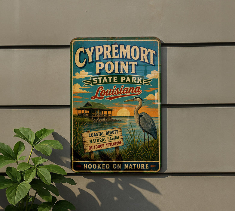 A vintage-style sign for Cypremort Point State Park in Louisiana, featuring a bird and a coastal landscape.