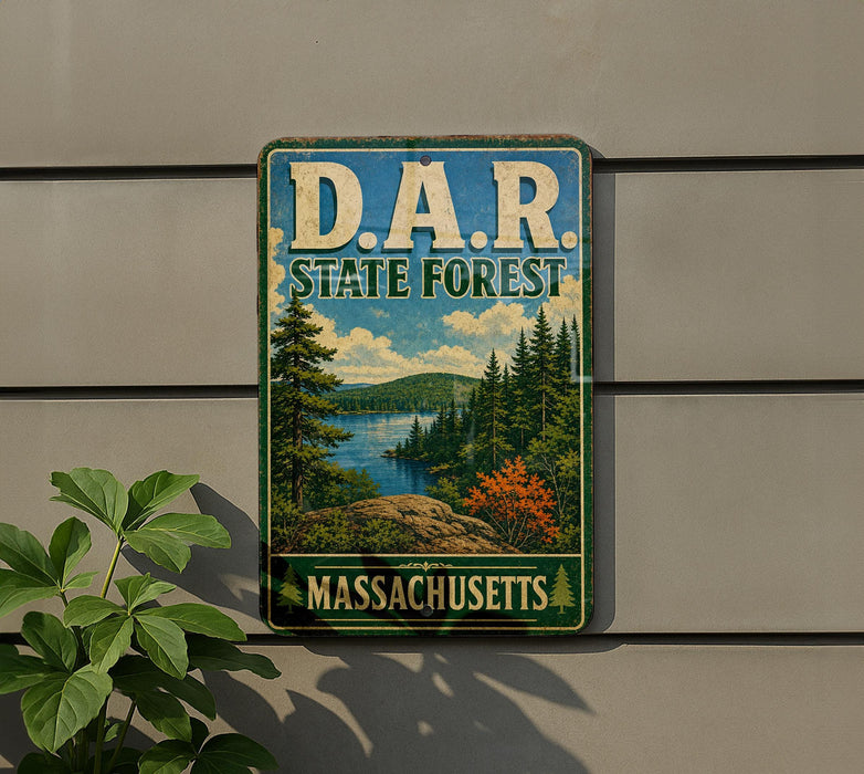 A vintage metal sign for the State Forest in Massachusetts, featuring a scenic landscape with pine trees, a lake, and mountains.