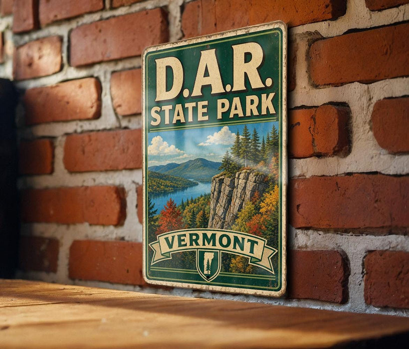 A vintage-style metal sign for Vermont State Park, featuring a scenic landscape with mountains, forests, and a lake.