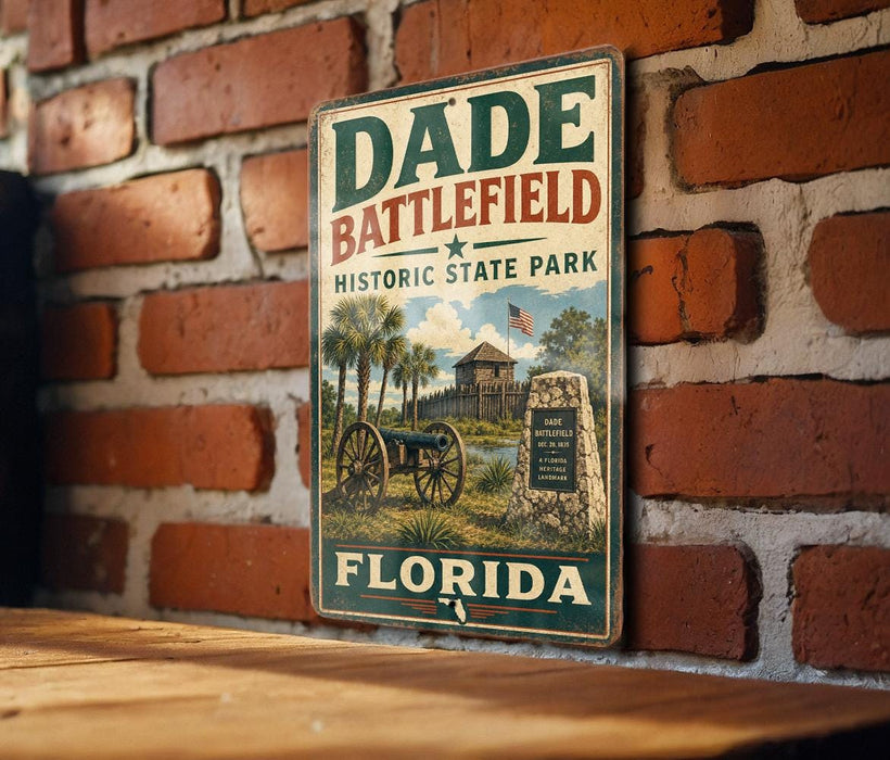 A vintage metal sign for Dade Battlefield Historic State Park in Florida, featuring an illustration of a cannon and a building, mounted on a brick wall.