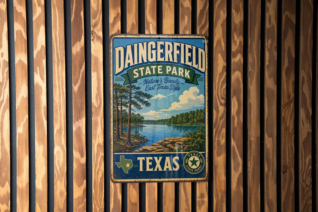 A vintage metal sign for Dainingfield State Park in Texas, featuring a scenic landscape with a lake and pine trees.
