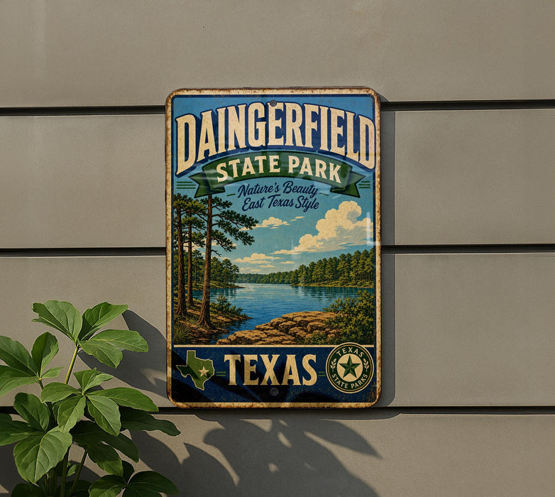 A vintage metal sign for Dainingfield State Park in Texas, featuring a scenic landscape with a lake and trees.