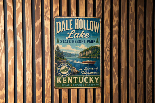 A vintage metal sign for Dale Hollow Lake State Resort Park in Kentucky, featuring a scenic image of the lake and mountains.