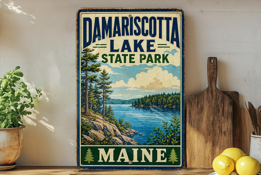 A vintage-style sign for Damariscotta Lake State Park in Maine, featuring a scenic landscape with a lake, mountains, and pine trees.