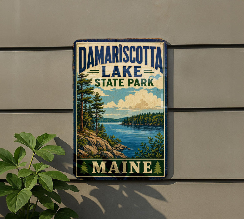 A metal sign displaying the name of Damariscotta Lake State Park in Maine, with a scenic landscape of a lake, mountains, and pine trees.