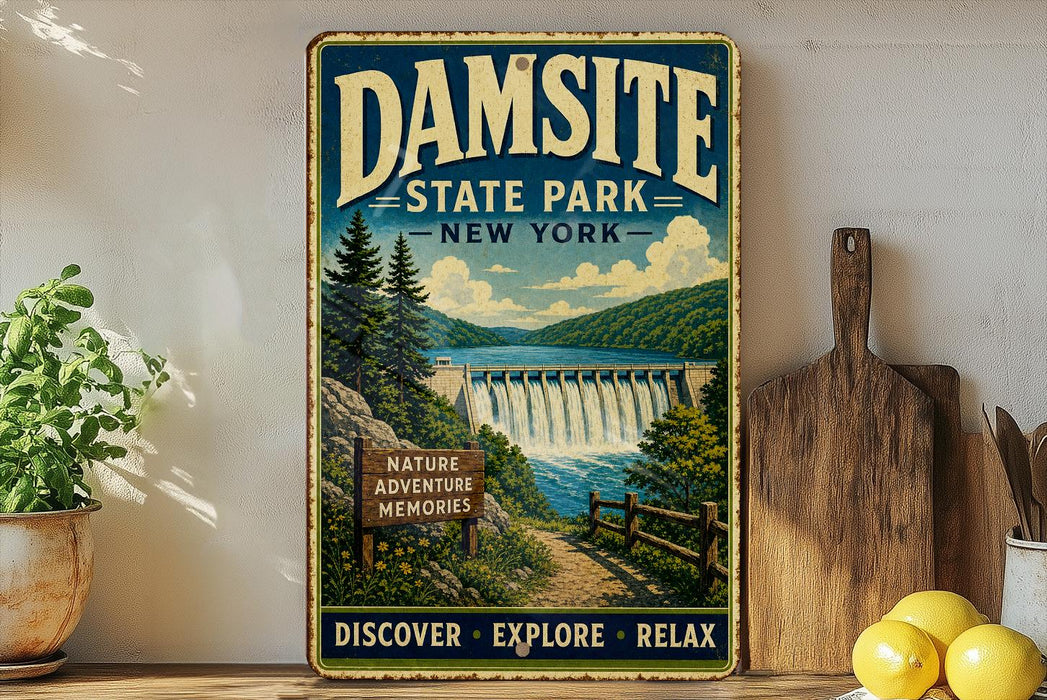 A vintage-style metal sign for Damsite State Park in New York, featuring a scenic landscape with a waterfall and a wooden sign that says "Nature Adventure Memories".