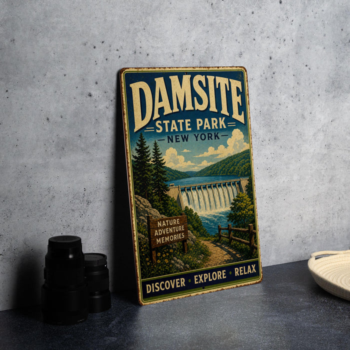 A vintage metal sign for Damsite State Park in New York, featuring a scenic landscape with a waterfall and a trail.