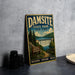 A vintage metal sign for Damsite State Park in New York, featuring a scenic landscape with a waterfall and a trail.