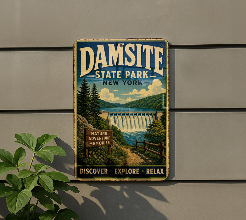A vintage-style metal sign for Damsite State Park in New York, featuring a scenic landscape with a waterfall and a path leading to the park entrance.