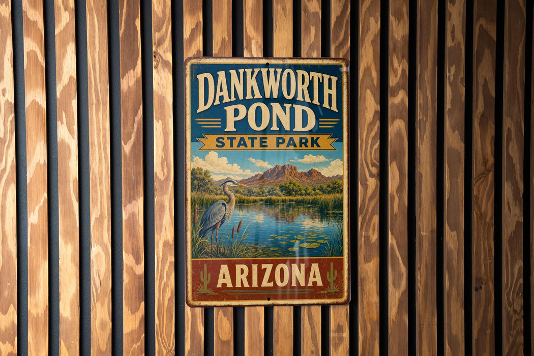 A vintage metal sign for Dankworth Pond State Park in Arizona, featuring a scenic landscape with a heron and a pond.