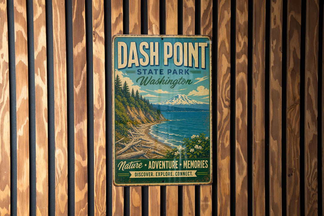 A vintage metal sign for Dash Point State Park in Washington, featuring a scenic landscape with a mountain, trees, and a body of water.