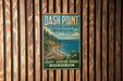 A vintage metal sign for Dash Point State Park in Washington, featuring a scenic landscape with a mountain, trees, and a body of water.