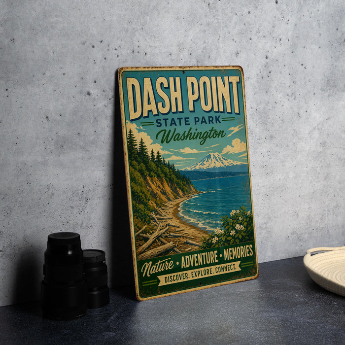 A vintage-style metal sign for Dash Point State Park in Washington, featuring a scenic landscape with a mountain, beach, and forest.