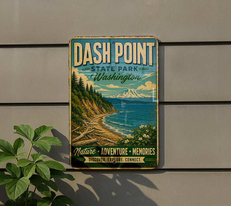 A vintage-style metal sign for Dash Point State Park in Washington, featuring a scenic landscape with a mountain, beach, and pine trees.