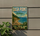 A vintage-style metal sign for Dash Point State Park in Washington, featuring a scenic landscape with a mountain, beach, and pine trees.
