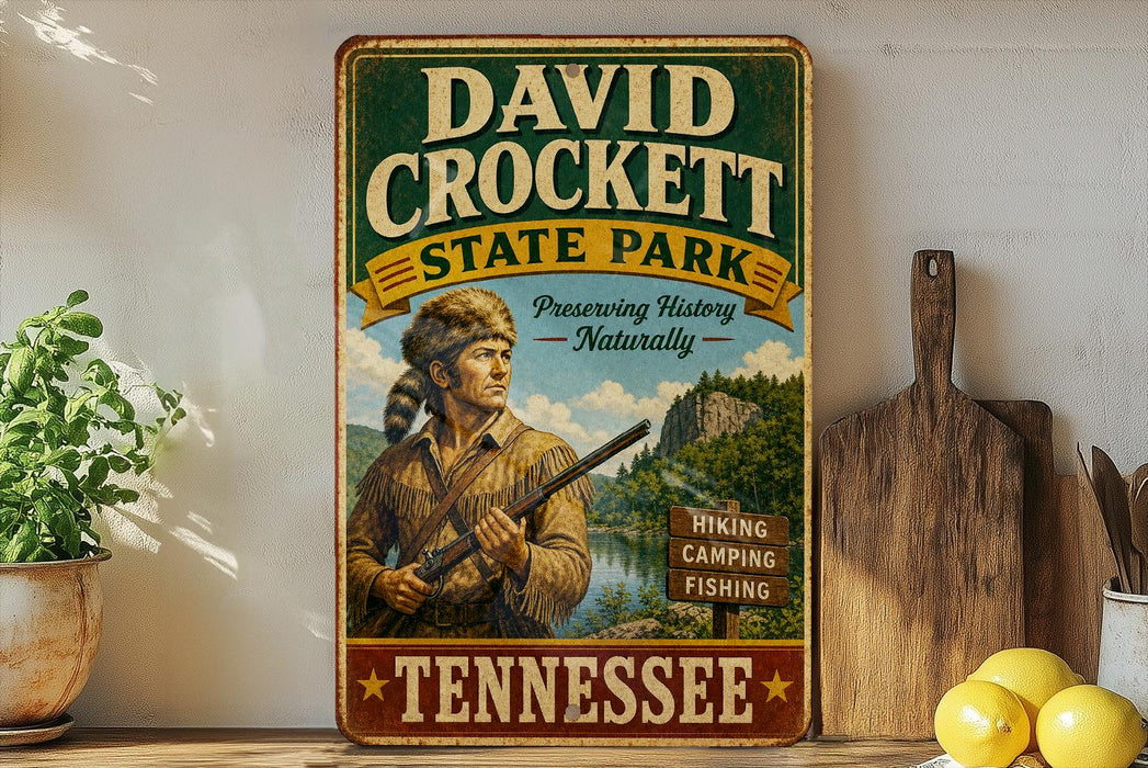 A vintage-style sign for David Crockett State Park in Tennessee, featuring a man in hunting gear and a scenic landscape.
