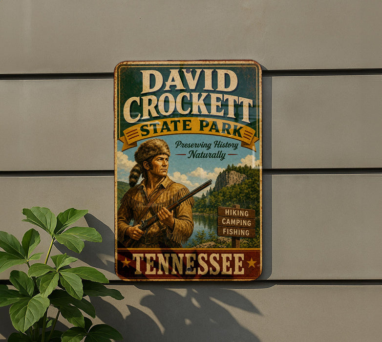 A vintage metal sign for David Crockett State Park in Tennessee, featuring a man in a fur-trimmed hat holding a rifle and standing in front of a scenic landscape.