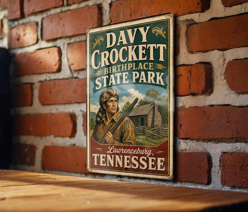 A vintage-style metal sign for Davy Crockett Birthplace State Park in Laurenceburg, Tennessee.