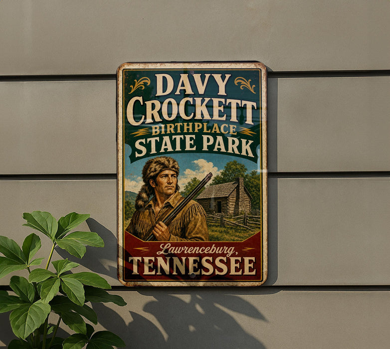 A vintage metal sign for Davy Crockett Birthplace State Park in Laurenceburg, Tennessee, featuring an illustration of a man in historical attire holding a rifle.