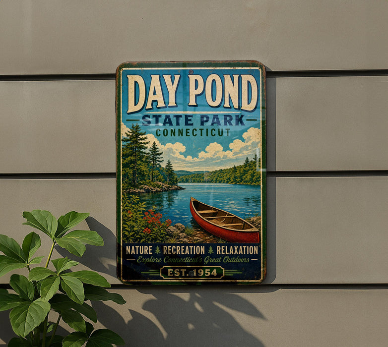 A vintage-style metal sign for Day Pond State Park in Connecticut, featuring a scenic image of a lake with a canoe, surrounded by trees and mountains.