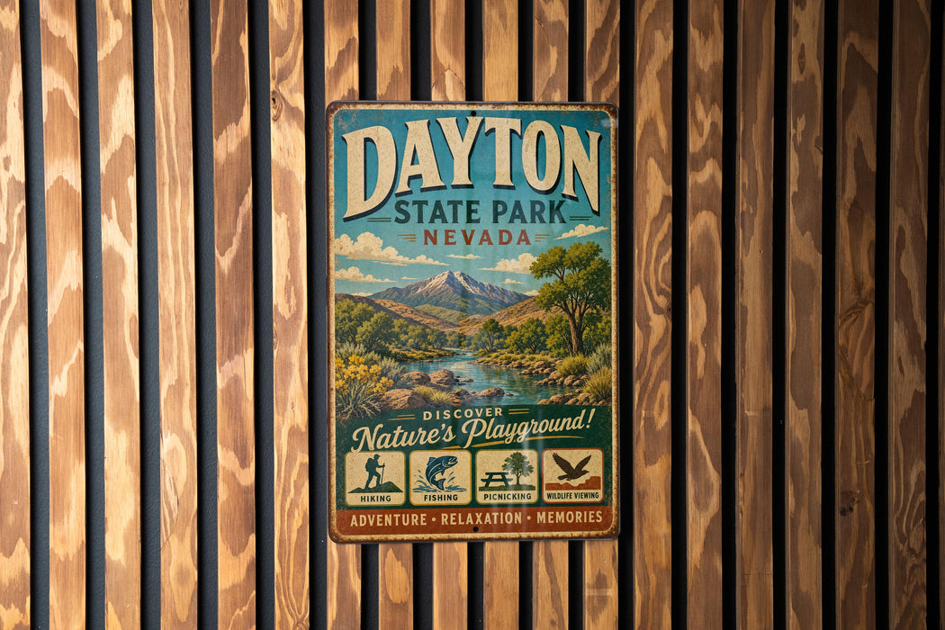 A vintage metal sign for Dayton State Park, Nevada, featuring a scenic landscape with mountains, a river, and various outdoor activities such as fishing, hiking, and picnicking.