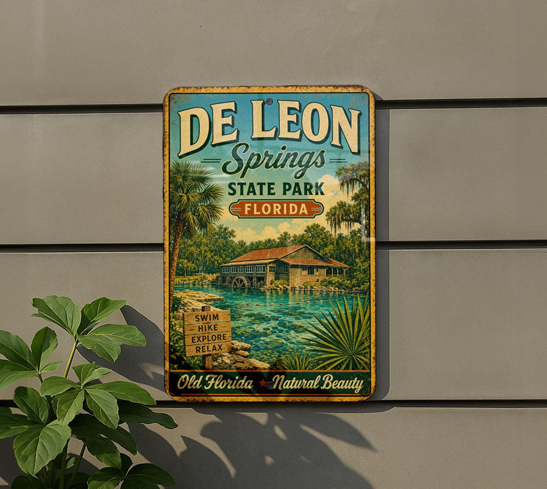 A vintage-style metal sign for De Leon Springs State Park in Florida, featuring a tropical landscape with palm trees, a house, and a body of water.